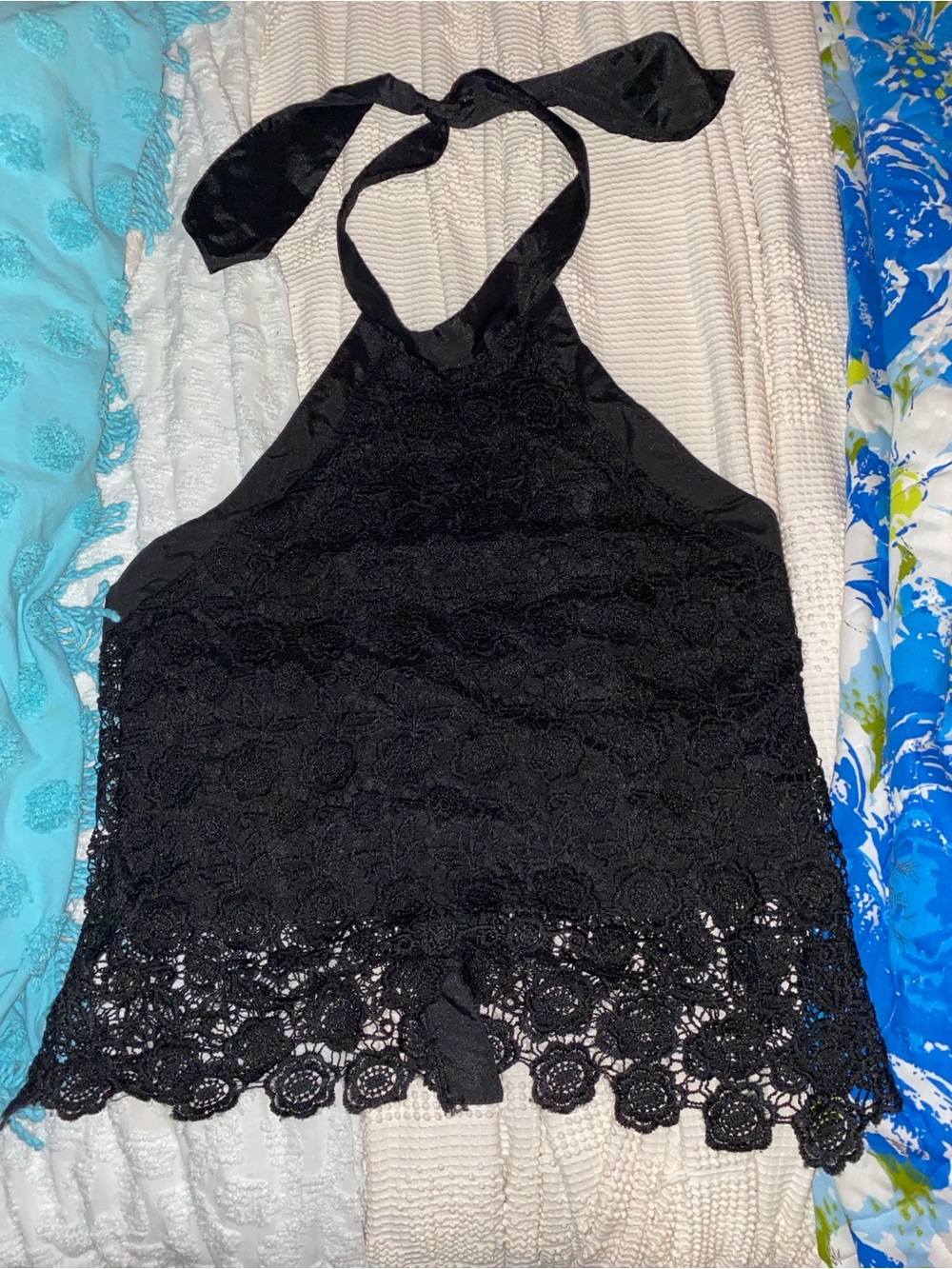 Black Lace Halter Tie-Back Top